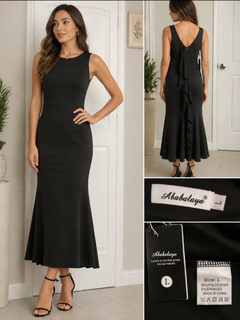 Ababalaya Black Midi Dress Sleeveless Ruffle Back Elegant L